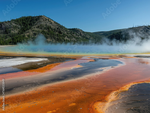 A vivid yellow hot spring with an orange hue, surrounded by white salt and grey rocks in the heart of Yellowstone National Park's Grand Prismatic Spring on a sunny day