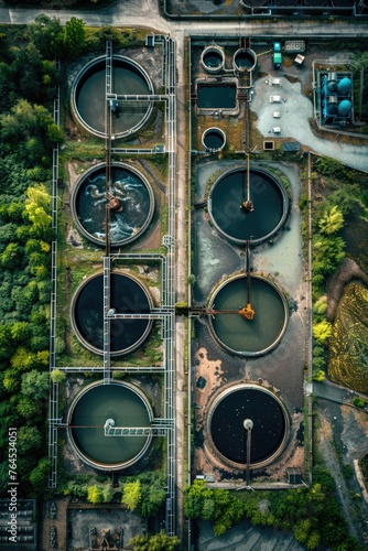 Aerial view of a water treatment plant, suitable for industrial and environmental concepts