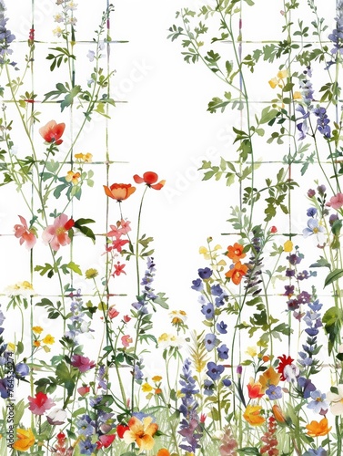 A whimsical pattern of watercolor wildflowers climbing up a trellis against a white backdrop