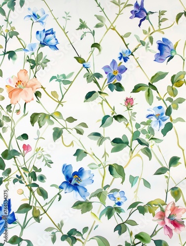 A whimsical pattern of watercolor wildflowers climbing up a trellis against a white backdrop