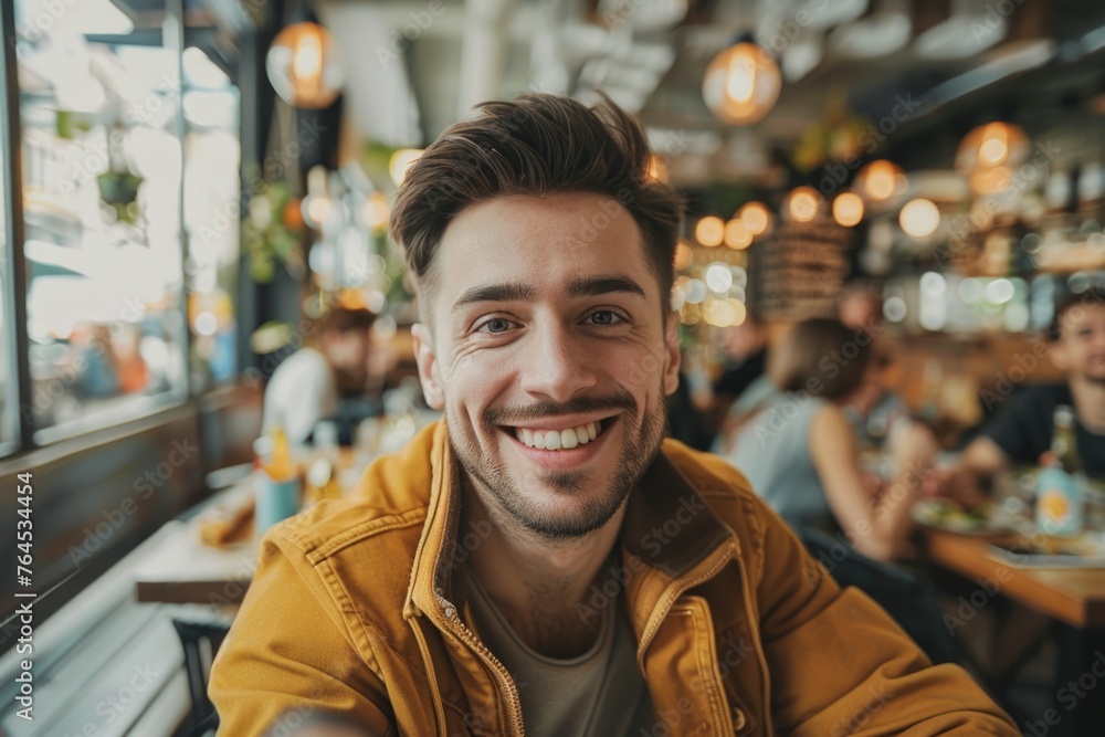Fototapeta premium A smiling man enjoying a meal at a restaurant. Suitable for food and dining concepts