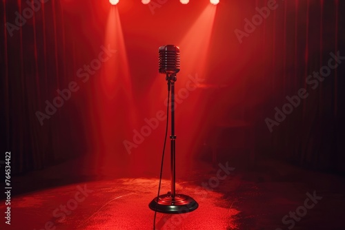 A microphone on a stand with vibrant red lights, perfect for music events and performances