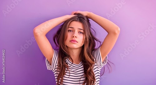 Portrait charming cute funny teen teenager overtime missed university future businesswoman entrepreneur pause morning concept hide head striped t-shirt youth clothes isolated violet background stock p photo