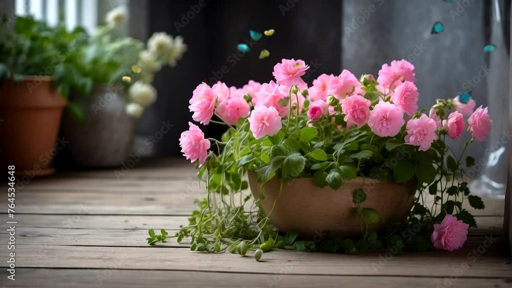 butterflies fluttering on the flowers. flowers in pots on the table butterflies fluttering on the flowers. flowers in pots on the table
