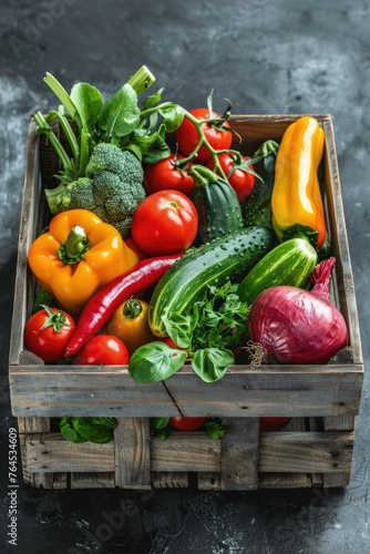 Wooden crate filled with assorted fresh vegetables  ideal for healthy eating concept