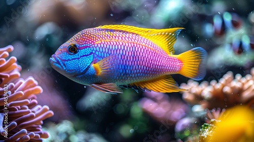  A detailed shot of a blue-yellow fish on a coral amidst various corals in the backdrop
