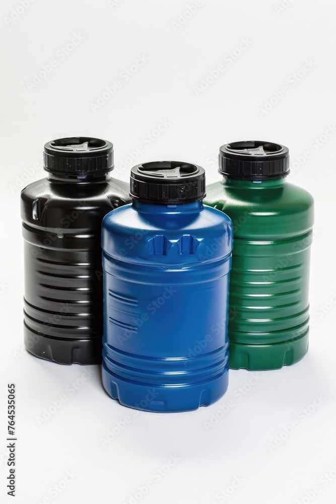 Three plastic water tanks lined up together, suitable for industrial or agricultural use Three plastic water tanks lined up together, suitable for industrial or agricultural use