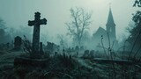 A graveyard with a cross and church in the background. Suitable for religious or spooky themes
