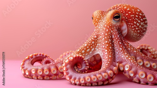  A close-up of an octopus on a pink background, with a pink wall in the distance