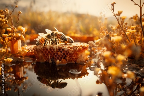 Beehive and Pollination in the concept of beekeeping and ecosystem © toonsteb