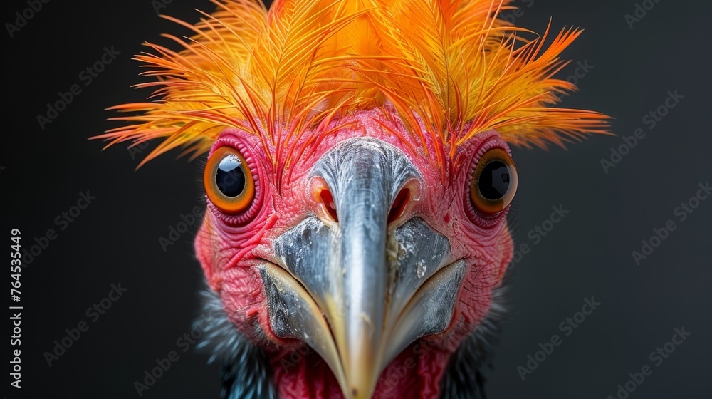  A bird with bright orange and yellow feathers is captured in sharp focus against a dark background