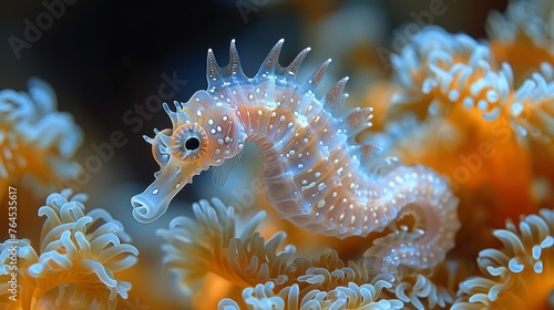  A close-up of a sea horse amidst sea anemones with more sea anemones in the background