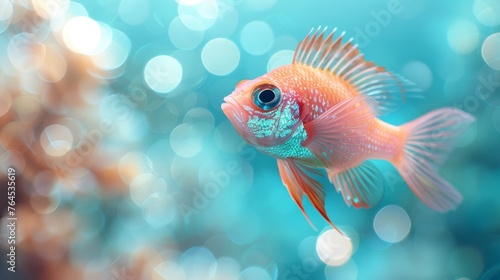  A close-up of a goldfish in an aquarium, surrounded by water bubbles and a blue sky as the backdrop