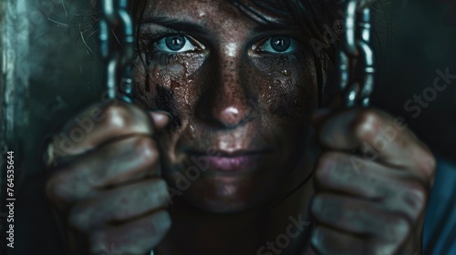 A close-up of a person holding a chain. Ideal for industrial or freedom concept design