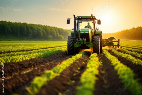 Tractor and Field Rows in the concept of modern agriculture and mechanized farming