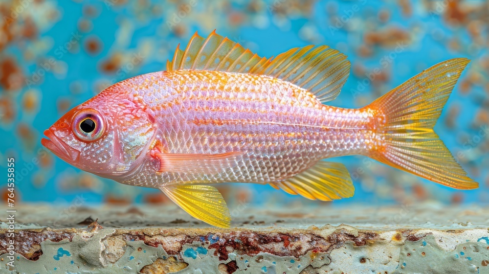  A close-up of a fish in a blue tank with a blue background