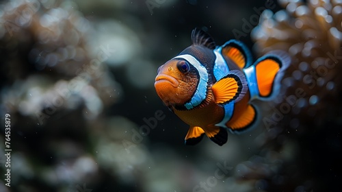  A clear close-up photo of a colorful clownfish with distinct orange and blue stripes on its face, showcased in an aquarium setting
