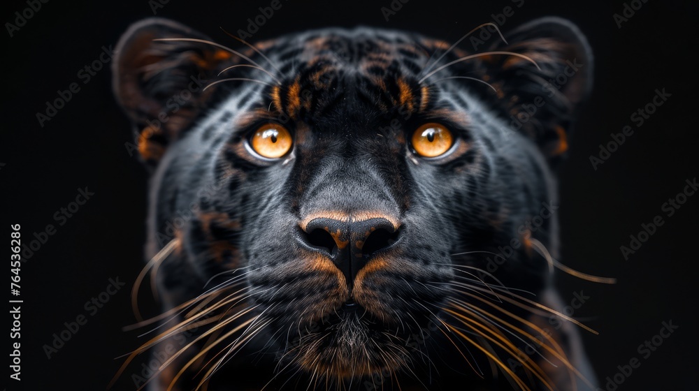  A clear close-up of a black leopard's face, featuring its orange eyes against a dark background