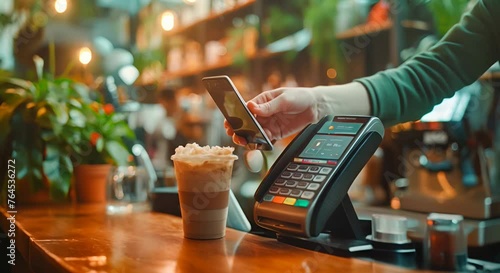 customer contactless payment for drink with mobile phone at café counter bar, seller coffee shop accept payment by mobile. new normal lifestyle concept photo