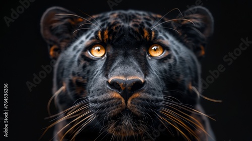  A clear close-up of a black leopard's face, featuring its orange eyes against a dark background © Mikus