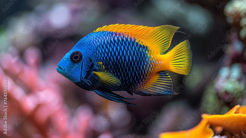 A close-up of a blue and yellow fish on coral, surrounded by other coral and water A close-up of a blue and yellow fish on coral, surrounded by other coral and water