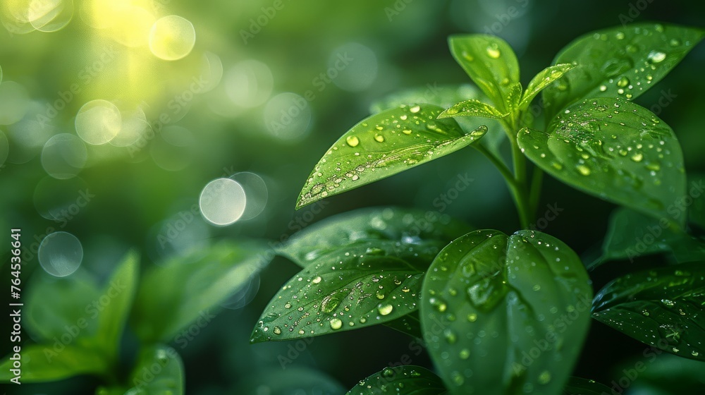 Green plant with droplets, green boke background Green plant with droplets, green boke background