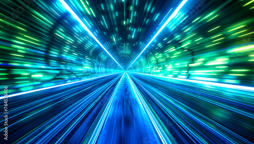 Speeding Through a Blue Tunnel, Futuristic Fast Motion and Light Concept