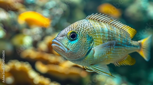  A close-up of a blue-and-yellow fish swimming in an aquarium surrounded by yellow and orange fish