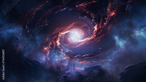 Cosmic voyage  celestial dance of space scene with swirling galaxy  nebula  and distant planet  power and energy of swirling galaxies and dark matter in space  glowing star fantastic background