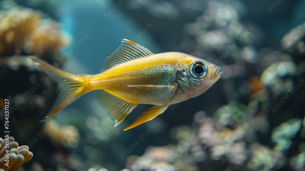 A macro photo of a fish swimming amidst coral reefs and diverse marine fauna in a clear aquarium setting A macro photo of a fish swimming amidst coral reefs and diverse marine fauna in a clear aquarium setting