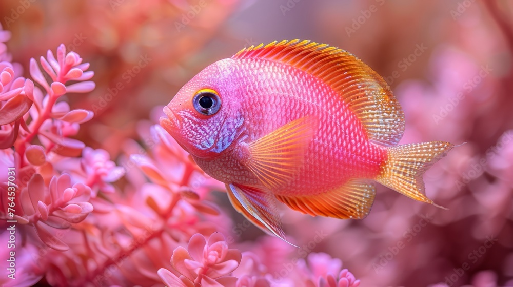 A macro shot of a fish atop coral, surrounded by other reefs and blue waters A macro shot of a fish atop coral, surrounded by other reefs and blue waters