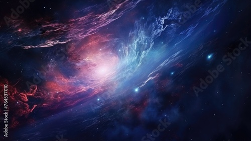 Cosmic voyage  celestial dance of space scene with swirling galaxy  nebula  and distant planet  power and energy of swirling galaxies and dark matter in space  glowing star fantastic background