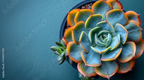  A pot holds succulent plants with blue surfaces, water backdrop photo