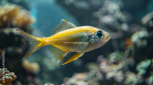  A macro photo of a fish swimming amidst coral reefs and diverse marine fauna in a clear aquarium setting