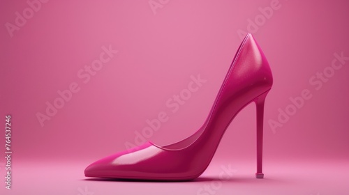 A stylish pink high heeled shoe on a matching pink background. Perfect for fashion and beauty concepts