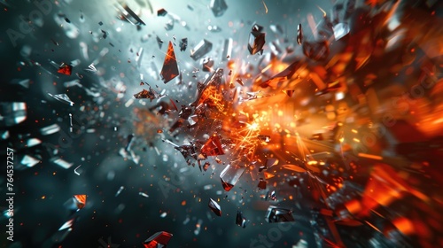 A dramatic image of a large explosion of red and orange rocks. Ideal for illustrating powerful forces of nature