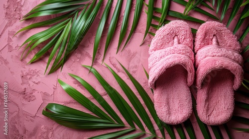  A pair of pink slippers sits atop a palm leaf beside another pair