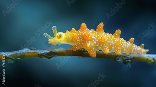 A zoomed-in image of a yellow-white caterpillar on a tree limb with water drops on its body