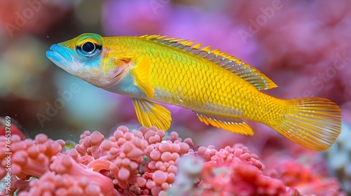  Close-up of fish amidst corals, blue/yellow backdrop