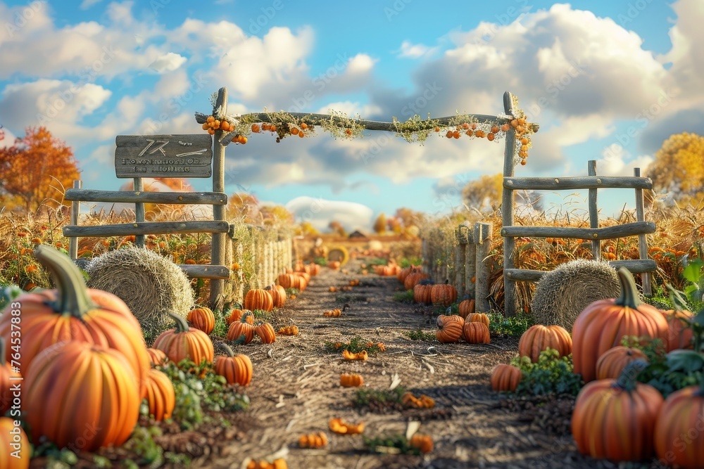 Pumpkin Patch Setting a pumpkin patch setting with rows of pumpkins - obrazy, fototapety, plakaty 