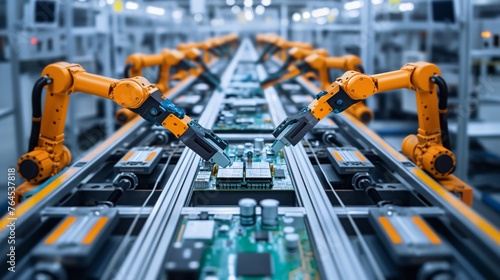 Robotic arms assembling circuit boards on a high-tech production line, showcasing modern industrial automation.