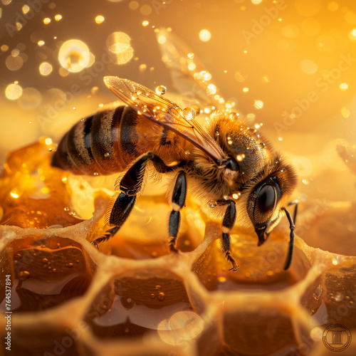 Artistic close-up photograph of a bee sitting peacefully on a honeycomb with droplets of royal jelly on its body © Studio Multiverse