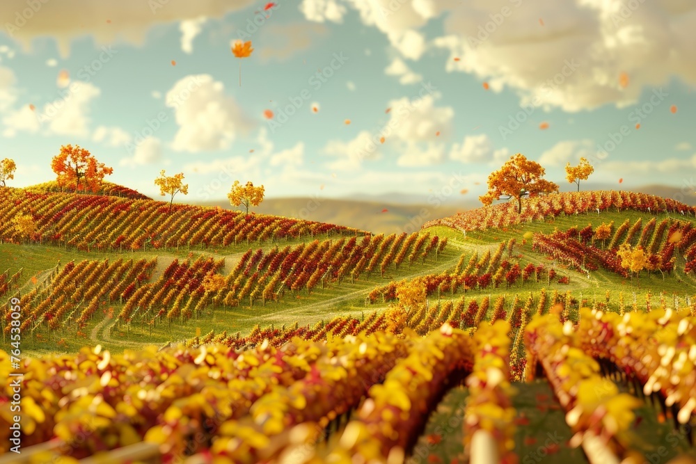 Fototapeta premium Vineyard in Fall a vineyard in fall with rows of grapevines