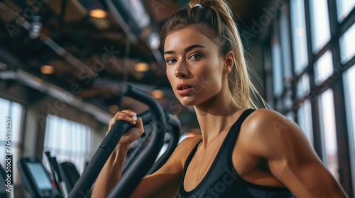 A woman in a sports bra top on a stationary bike. Perfect for fitness and exercise concepts