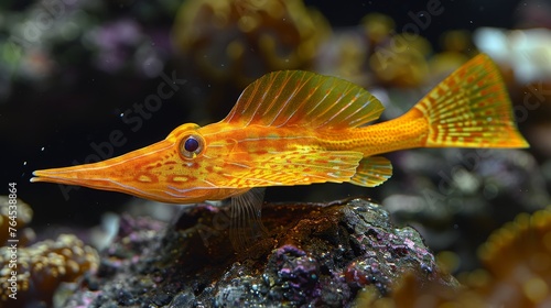  Fish on rock in coral reef with background corals