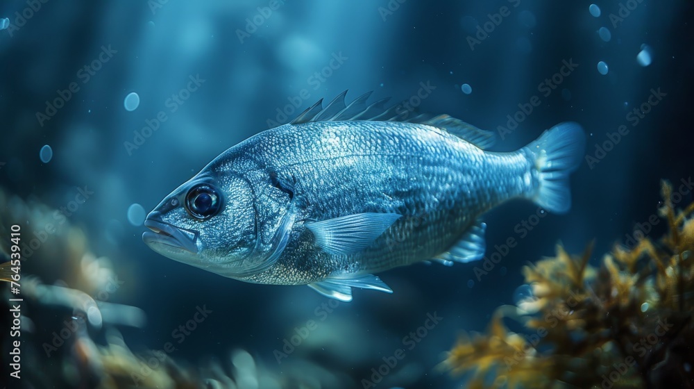 Fototapeta premium A photo of a fish, zoomed in, swimming in greenish-brown water with submerged algae