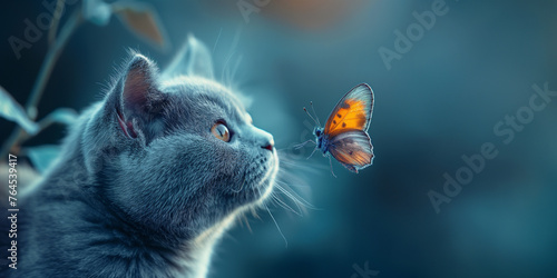 Süße BKH Zucht Katze Gesicht mit Schmetterling als Nahaufnahme, ai generativ 