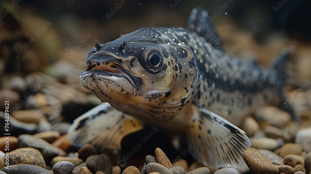 A detailed photo of a fish resting atop rocky terrain, surrounded by pebbles in the front and blue water in the back A detailed photo of a fish resting atop rocky terrain, surrounded by pebbles in the front and blue water in the back