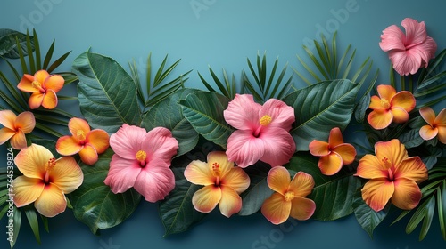  A group of pink and yellow flowers with green leaves on a blue background