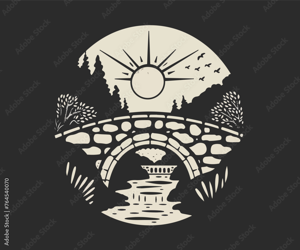 stone bridge with river logo design template